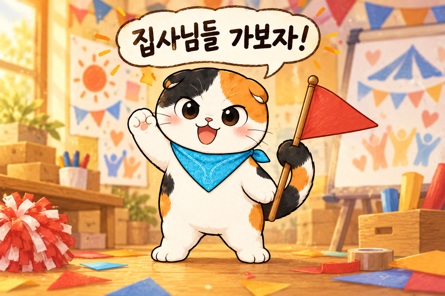 4조 데스티벌 준비 공간에서 '집사님들 가보자!' 응원하는 사이버캣 아롱이